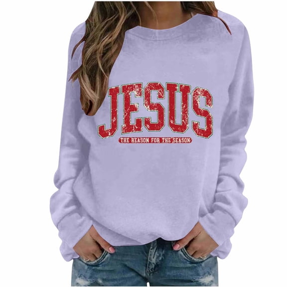 Christmas Ssweatshirts for Women Xmas JESUS Print Shirts Casual Holiday Long Sleeve Crew Neck Fleece Pullover Tops