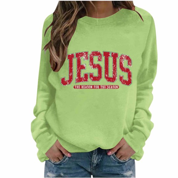 Christmas Ssweatshirts for Women Xmas JESUS Print Shirts Casual Holiday Long Sleeve Crew Neck Fleece Pullover Tops
