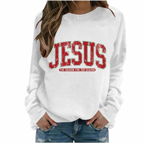 Christmas Ssweatshirts for Women Xmas JESUS Print Shirts Casual Holiday Long Sleeve Crew Neck Fleece Pullover Tops