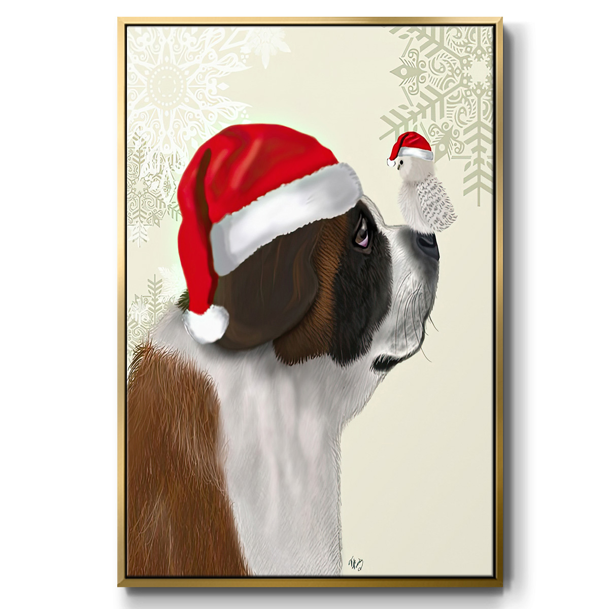 Christmas St Bernard and Fluffy Owl - Framed Gallery Wrapped Holiday Canvas - 25 x 37 - Gold Frame