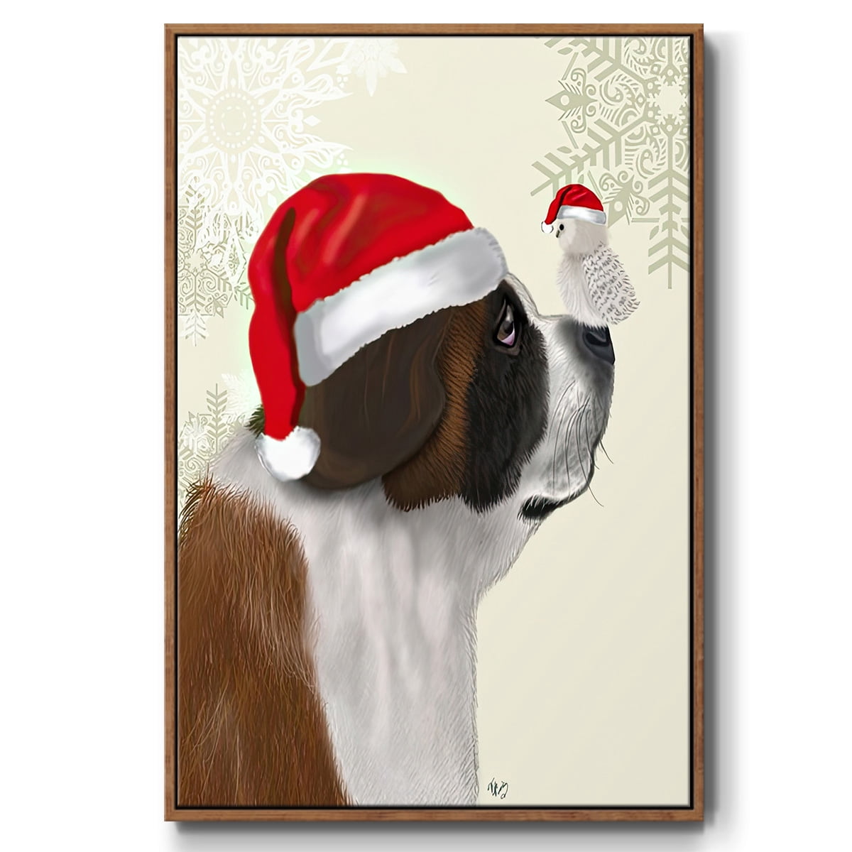 Christmas St Bernard and Fluffy Owl - Framed Gallery Wrapped Holiday Canvas - 25 x 37 - Rosewood Frame