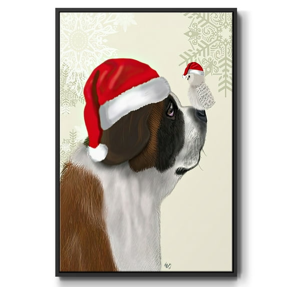 Christmas St Bernard and Fluffy Owl - Framed Gallery Wrapped Holiday Canvas - 27 x 41 - Black Frame