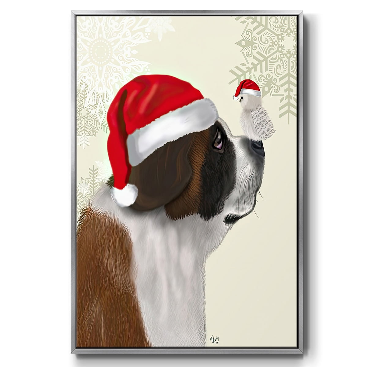 Christmas St Bernard and Fluffy Owl - Framed Gallery Wrapped Holiday Canvas - 27 x 41 - Silver Frame
