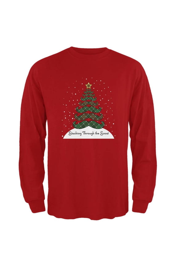Christmas Staching Dashing Through the Snow Mustache Pun Mens Long Sleeve T Shirt Red LG
