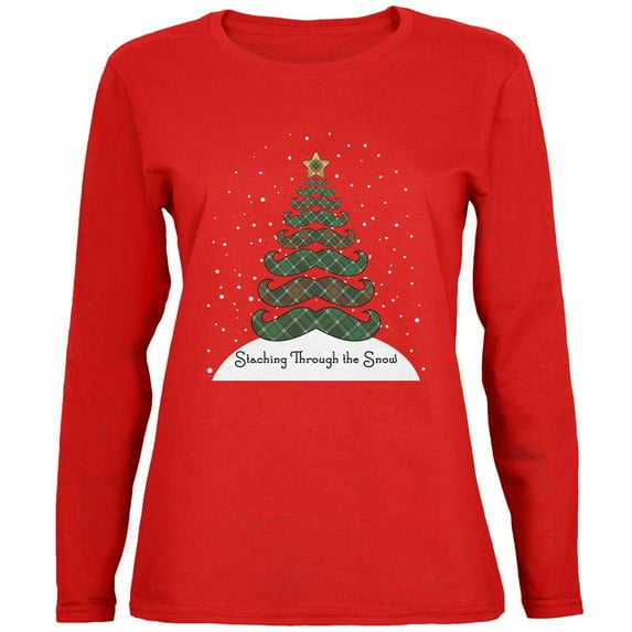 Christmas Staching Dashing Through the Snow Mustache Pun Womens Long Sleeve T Shirt Red MD