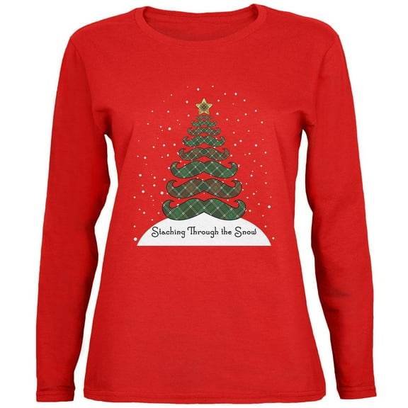 Christmas Staching Dashing Through the Snow Mustache Pun Womens Long Sleeve T Shirt Red X-LG