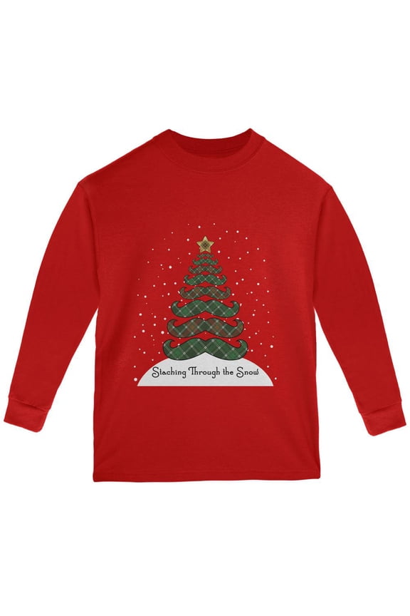 Christmas Staching Dashing Through the Snow Mustache Pun Youth Long Sleeve T Shirt Red YMD