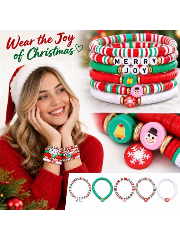 Christmas Stackable Bracelets Set, JOY MERRY-Stretch Bracelets for Women, Elastic Layering Bracelet Bulk for Jewelry Gift Party Favors Supplies