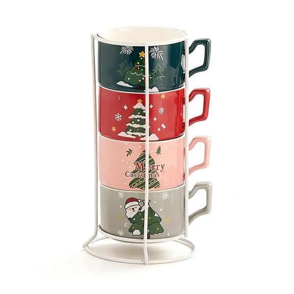 Christmas Stackable Coffee Mugs with Rack, Christmas Gingerbread House Tree Santa Holiday Mugs, Ceramic Xmas Tea Cups Coffee Mug Gifts for Family and Friends