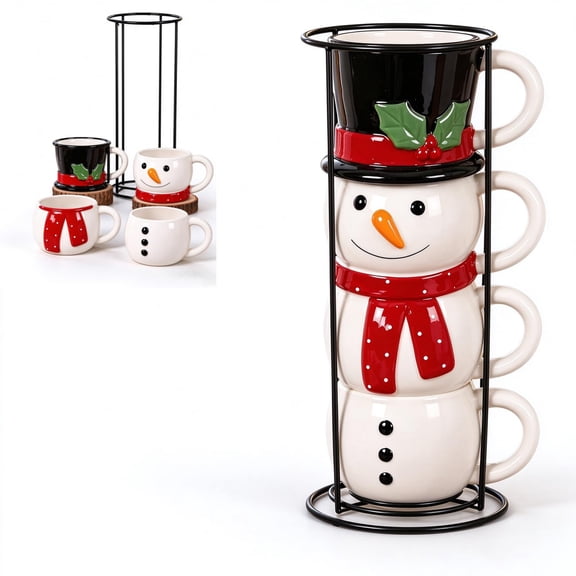 Christmas Stackable Mugs Set, 4 Santa & Nutcracker Character Cups, Stackable Christmas Coffee Mugs for Hot Cocoa, Tea & Holiday Table Decor, Festive Gift Set for Home and Seasonal Gatherings