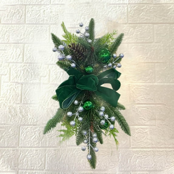 Christmas Stair Swag Wreath Cedar Pine Garland Real Touch Christmas Wreath with Green Bow Berry Front Door Wall Window Stairs Holiday Christmas Decoration 18 inch