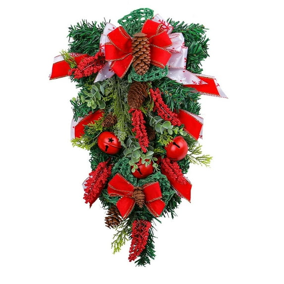 Christmas Stair Swag Wreath Cedar Pine Garland Real Touch Christmas Wreath with Red Bow Berry Front Door Wall Window Stairs Holiday Christmas Decoration 20 inch