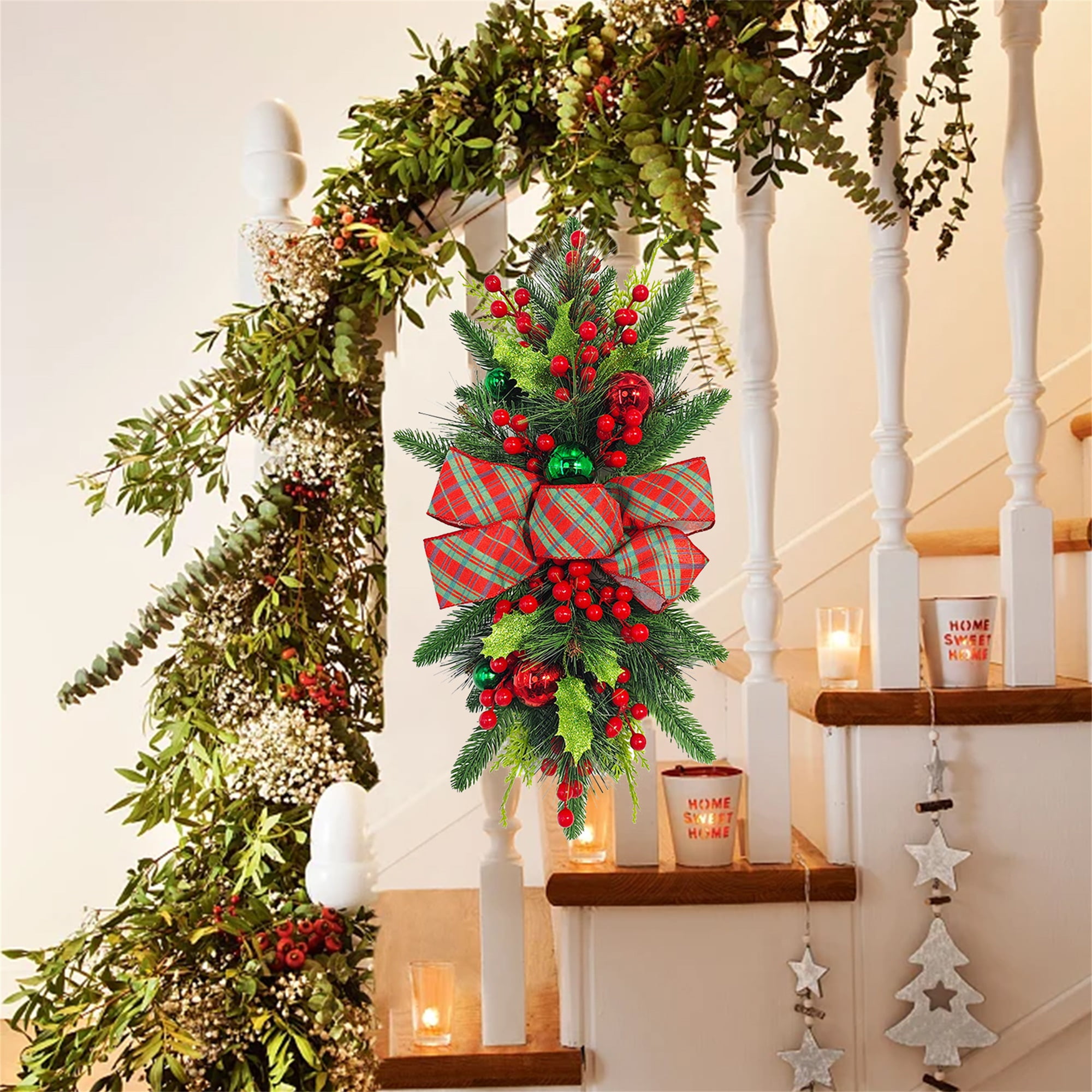 Christmas Stair Swag with LED Light Big Bowknot Pine Red Berry Outdoor