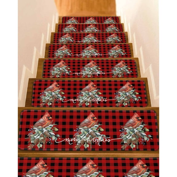 Christmas Stair Treads for Wooden Steps Indoor Runner Rug Carpet, Cardinal Pine Cone Branches Black Red Plaid 4 Pieces Peel and Stick Staircase Step Treads Covers Washable Throw Door Mats, 30"x8"