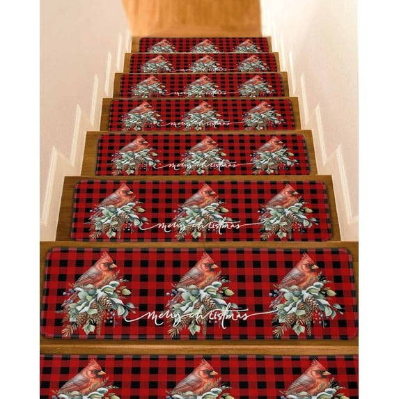 Christmas Stair Treads for Wooden Steps Indoor Runner Rug Carpet, Cardinal Pine Cone Branches Black Red Plaid 7 Pieces Peel and Stick Staircase Step Treads Covers Washable Throw Door Mats, 30"x8"
