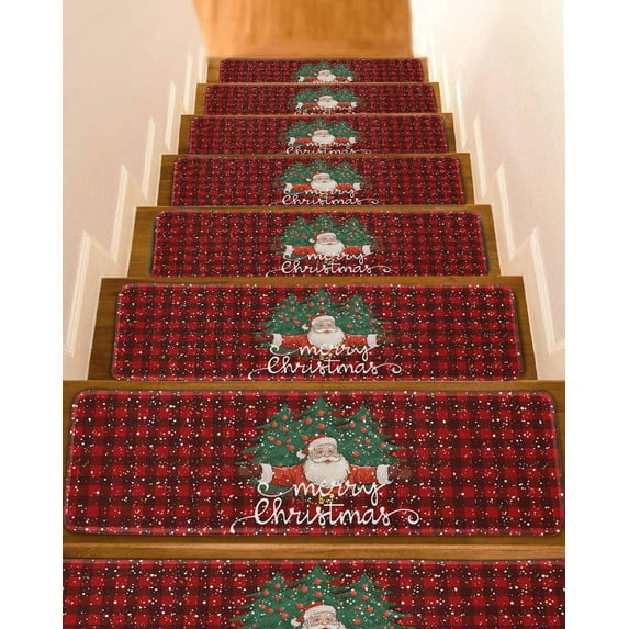 Christmas Stair Treads for Wooden Steps Indoor Runner Rug Carpet,Santa Claus Pine Tree Snowflakes Red Black Plaid 7 Pieces Peel and Stick Staircase Step Treads Covers Washable Throw Door Mats,30"x8"