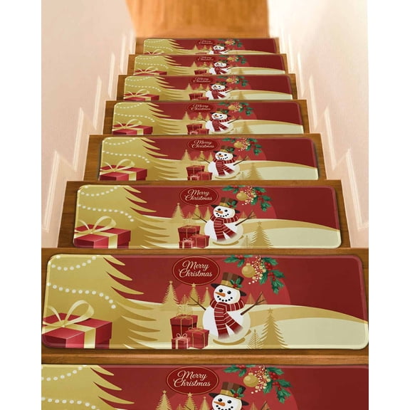 Christmas Stair Treads for Wooden Steps Indoor Runner Rug Carpet, Winter Snowman Gold Pine Tree Berry Xmas Ball 4 Pieces Peel and Stick Staircase Step Treads Covers Washable Throw Door Mats, 30"x8"