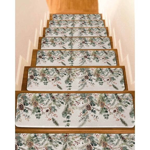 Christmas Stair Treads for Wooden Steps Indoor Runner Rug Carpet, Xmas Botanical Pinecone Eucalyptus Leaves Rustic 4 Pieces Peel and Stick Staircase Step Treads Covers Washable Door Mats 30"x8"