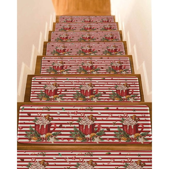 Christmas Stair Treads for Wooden Steps Indoor Runner Rug Carpet, Xmas Ice Cream Pine Leaves Red Beige Striped 15 Pieces Peel and Stick Staircase Step Treads Covers Washable Throw Door Mats, 30"x8"