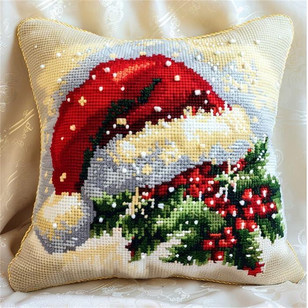 Christmas Stamped Cross Stitch Pillow Kits,Christmas hat 11CT Cross Stitch Cushion Cover Embroidery Kit Needlepoint Handmade Cushion for Home Decor 17*17 in