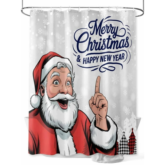 Christmas Standard Shower Curtain Set, Waterproof Shower Curtains for Bathroom, Santan Claus Xmas Plaid Snowflakes Happy New Year Grey Washable Fabric Bath Curtain for Bathtub with Hooks 72x72 Inches