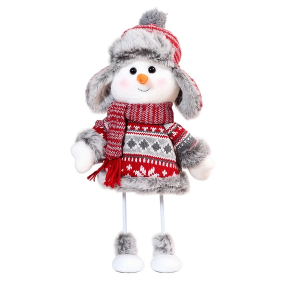 Christmas Standing Snowman Figurine, Red Knitted Sweater Trapper Hat Plush Doll for Fireplace Mantel Desk Tabletop Holiday Home Party Decor(Red)