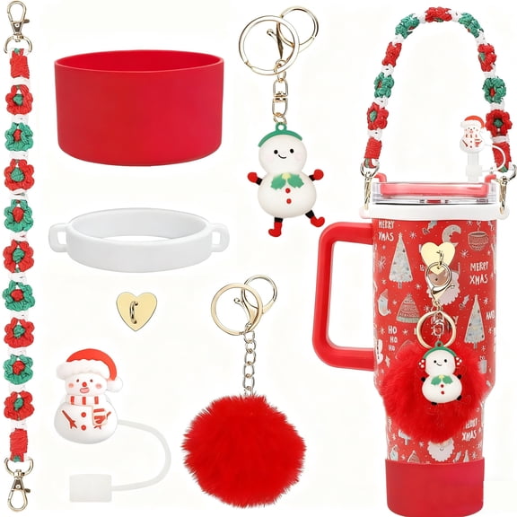Christmas Stanley Cup Accessories Set,Water Bottle Handle Strap for Stanley 30/40 oz tumbler with handle,10mm Christmas Straw Toppers,Keychain Charms