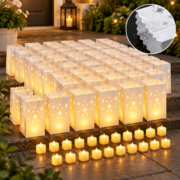 Christmas Star 50 Pack Waterproof Outdoor Luminary Bags with LED Candles
