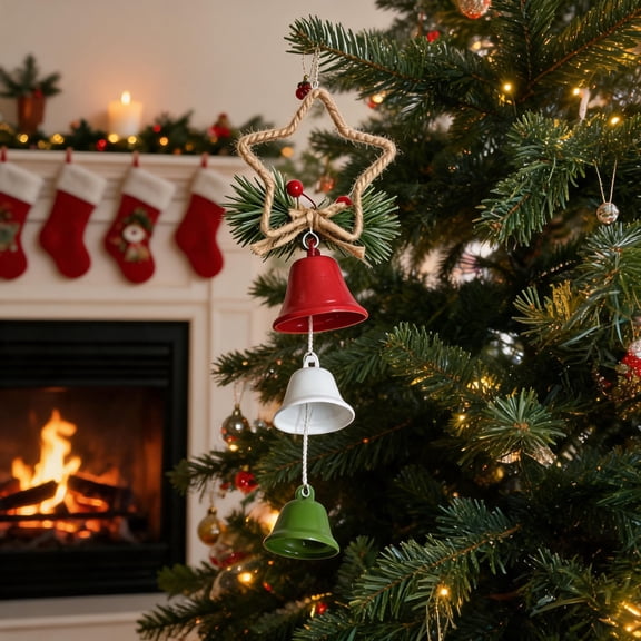 Christmas Star Bell Ornament, 3-Color Red Green White Iron Hanging Decor for Christmas Tree, Wreath, Garland and Mantel