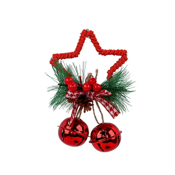 Christmas Star Bell Ornament – Festive Bow & Pentagram Hanging Decoration with Jingle Bells, Red Berries & Greenery – Holiday Tree, Door, Gift Wrap Accent