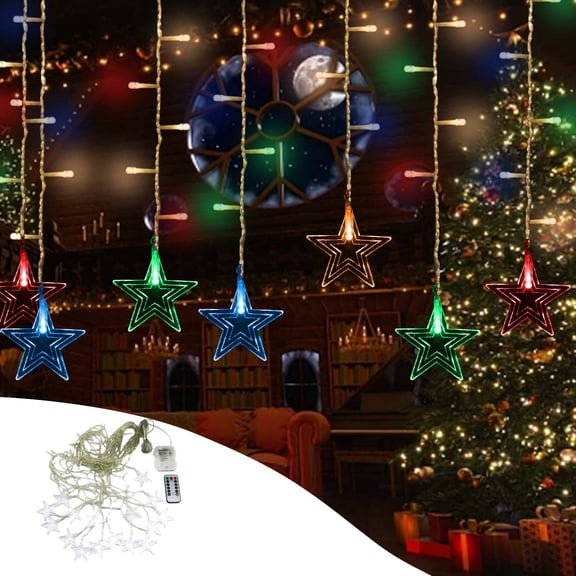 Christmas Star Curtain Light 96 LEDs 11.5ft, 16 Star Shape with 80 Mini Lights, Remote Control 8 Modes for Holiday Home Decoration, Warm Festive Ambiance