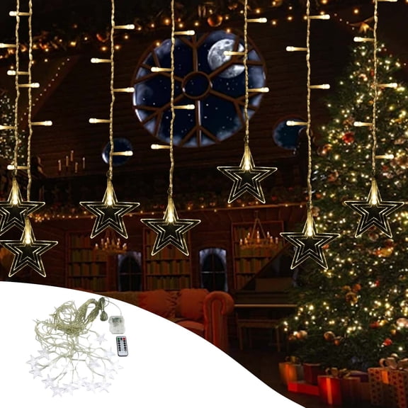 Christmas Star Curtain Light 96 LEDs 11.5ft, 16 Star Shape with 80 Mini Lights, Remote Control 8 Modes for Holiday Home Decoration, Warm Festive Ambiance