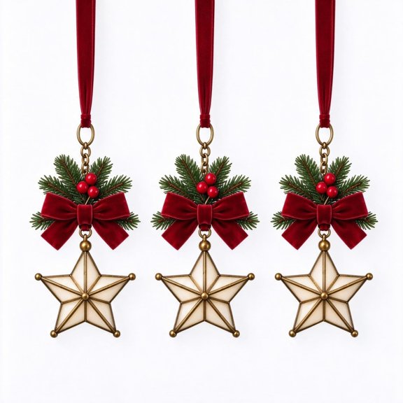 Christmas Star Hanging Ornament Set, 3 Piece Gold Open Work Stars With Red Bows and Berries, Holiday Accent for Front Door and Fireplace