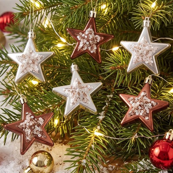Christmas Star Ornaments 2.95 Inch Coffee Plastic Hanging Pendants with Ribbon and Sequins 6 Pack Boxed Xmas Tree Decorations for Holiday Party Home Mantel Fireplace Indoor Outdoor