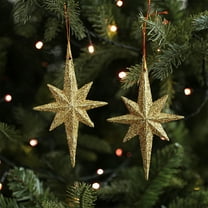 Christmas Star Ornaments 2PCS Gold Glitter Hanging Decorations for Christmas Tree, Holiday Party Décor, Shiny Star Hanging Baubles for Home, Office, Shopping Mall Display