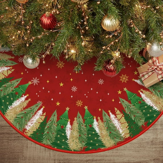 Christmas Star Snowflake Red Christmas Tree Skirt 36 Inch, Fir Pine Spruce Winter Holiday Tree Mat Decoration