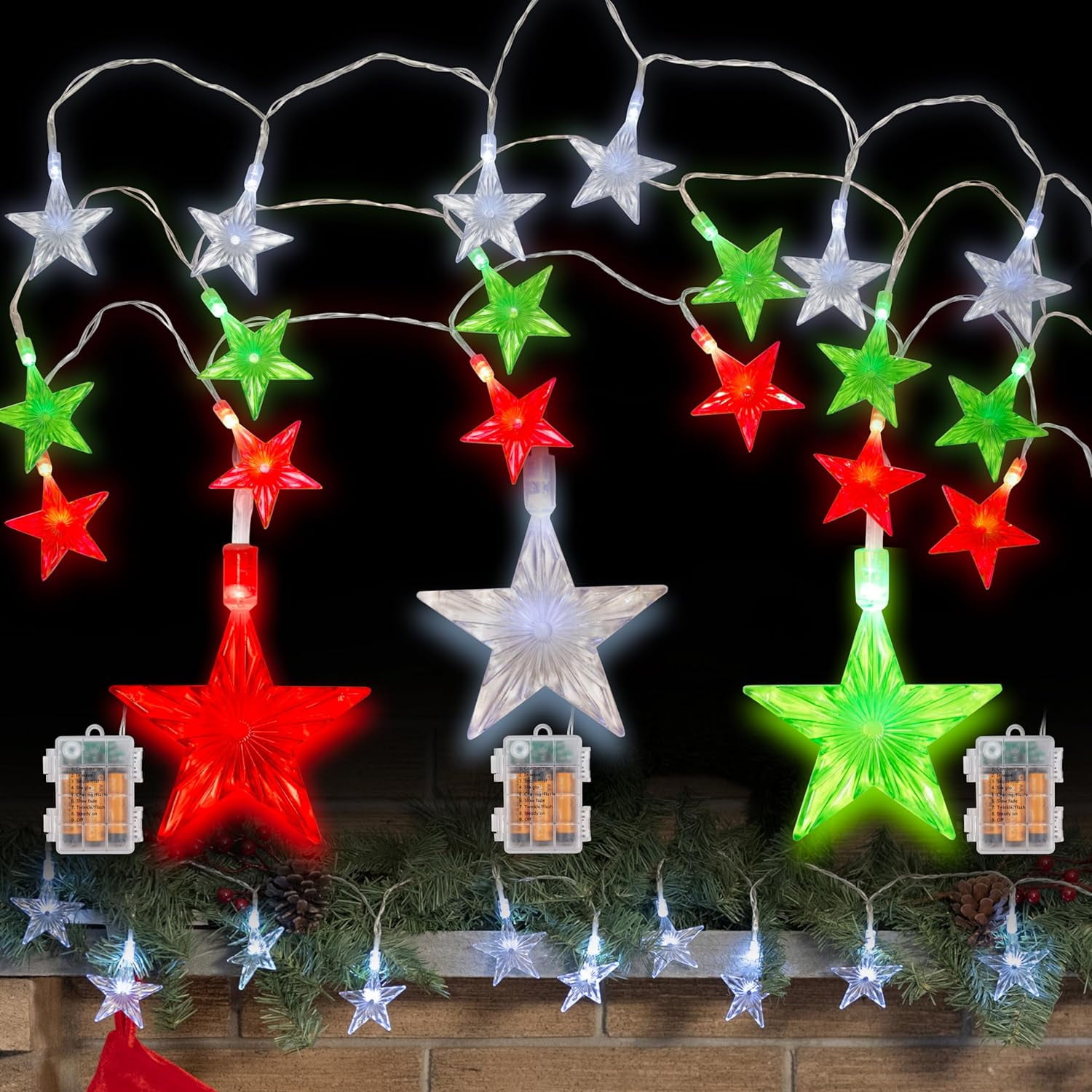 Christmas Star String Lights 3pk, 10 ft / 3 m Red, Green & Clear 20