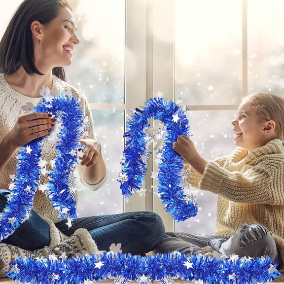 Christmas Star Tinsel Garland 78.7 Inch - Colorful Strips for Tree, Holiday Party Decor, Blue