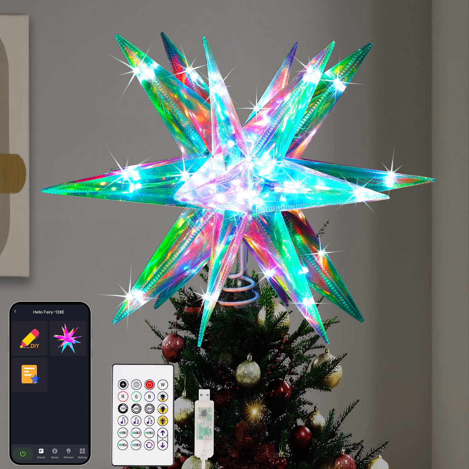 Crystal-Like 3D LED Christmas Star Tree Topper with Remote