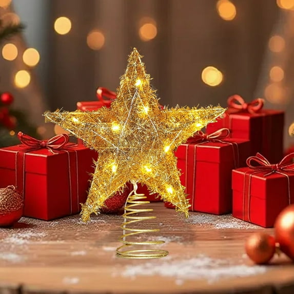 Christmas Star Tree Topper 7.87 Inch with LED Lights Battery Operated Glittering Hollow Out Design for Xmas Tree Decorations Home Party Festive Holiday Ornament Shimmering Decor(Battery Not Included)