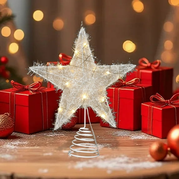 Christmas Star Tree Topper 7.87 Inch with LED Lights Battery Operated Glittering Hollow Out Design for Xmas Tree Decorations Home Party Festive Holiday Ornament Shimmering Decor(Battery Not Included)