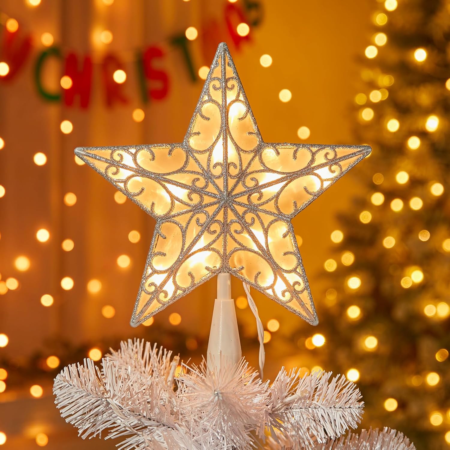 Christmas Star Tree Topper, 9.5 in Plug in Golden Glittered 3D Star ...