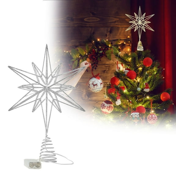 Christmas Star Tree Topper 9.84 Inch with LED Lights Battery Operated Glittering Hollow Out Design for Xmas Tree Decorations Home Party Festive Holiday Ornament Shimmering Decor(Battery Not Included)