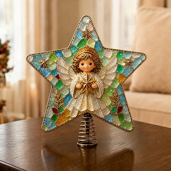 Christmas Star Tree Topper, Angel Sea Glass Style Mosaic Star with Spring Base, Holiday Tree Top Decoration for Living Room and Winter Decor, 7.87 Inch