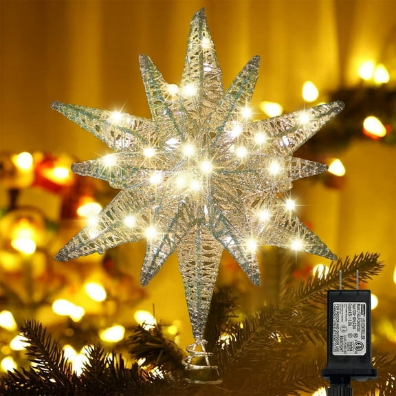 Christmas Star Tree Topper DecorationsPlug in 3D Geometric Star Plugged Decorative Treetop with LED Light Beads, ideal for Christmas classic Moravian-style decor. Features 16 lighting modes, Gold