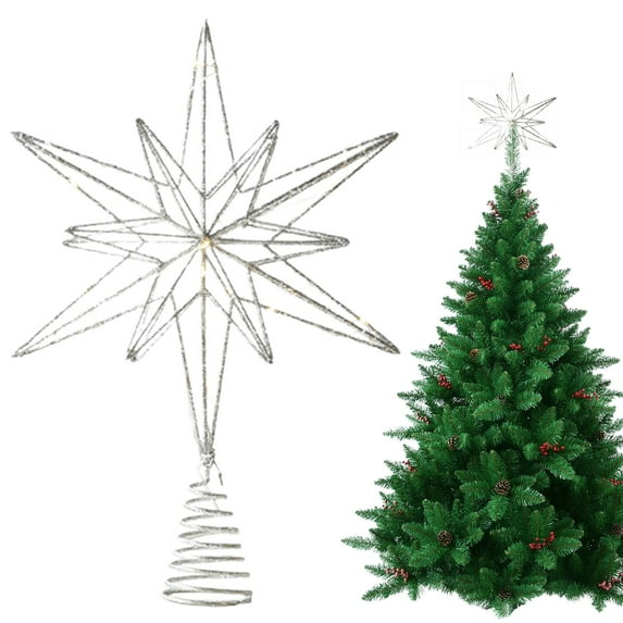Christmas Star Tree Topper, Glitter Star Tree Topper, Christmas Sparkly Metal 3D Hallow Wire Star with Light, Battery Operated Xmas Tree Top Decor Ornament, 1 Pcs, 12.99x8.66"