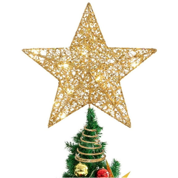 Christmas Star Tree Topper -Gold Glittered Metal Hallow Tree Star Unique Design- 30 LED Lights Christmas Tree Topper Star for Christmas Tree Decoration