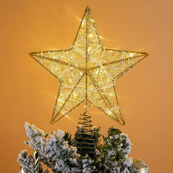 Christmas Star Tree Topper, Lighted Christmas Tree Topper, Hollow Gold Lighted Tree Star, LED Light up Xmas Tree Topper with 30 LE