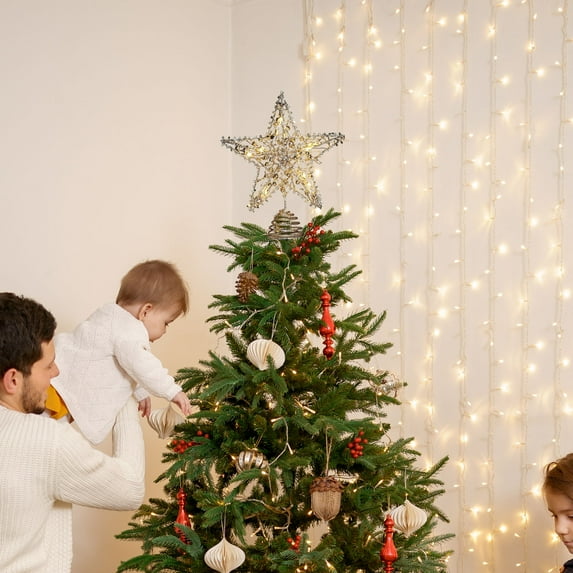 Christmas Star Tree Topper Lighted Hollowed 3D Pentagram Golden Coated Star Treetop Plug In For Christmas Decorations Clear Light Christmas Tree Light