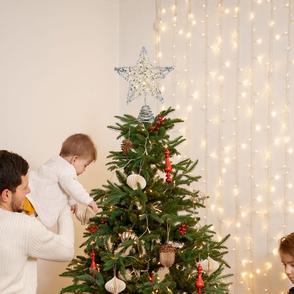 Christmas Star Tree Topper Lighted Hollowed 3D Pentagram Golden Coated Star Treetop Plug In For Christmas Decorations Clear Light Christmas Tree Light